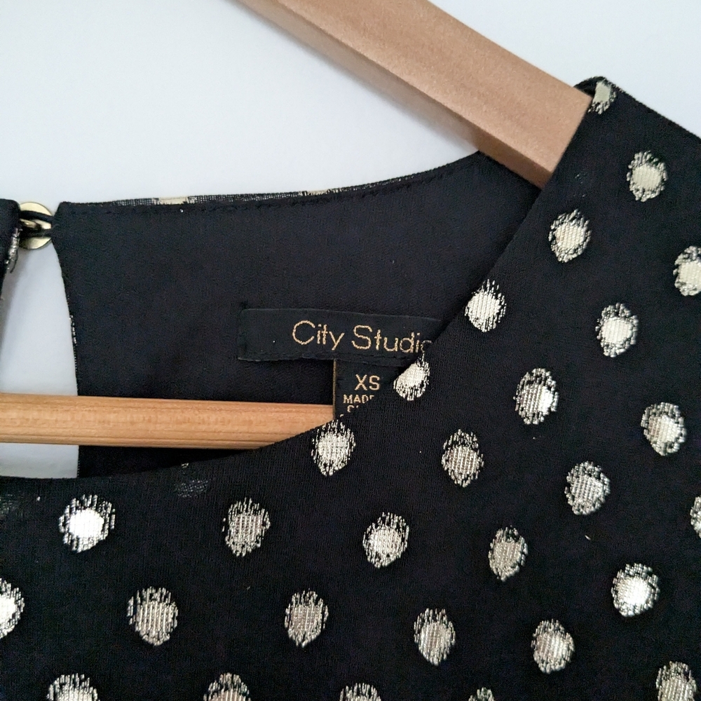 NWT City Studio Black Gold Foil Polka Dot Long Sleeve Dress - Picture 4 of 6